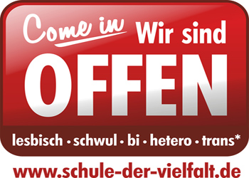 Logo von Schule der Vielfalt mit dem Text Come in - wir sind offen - lesbisch - schwul - bi- hetero - trans