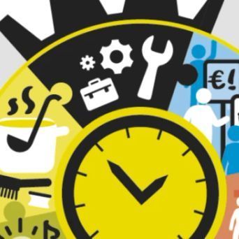 Die Arbeitszeitverkuerzung wird durch eine Uhr, Werkzeuge, Freizeitgestaltung und ein Zahnrad dargestellt