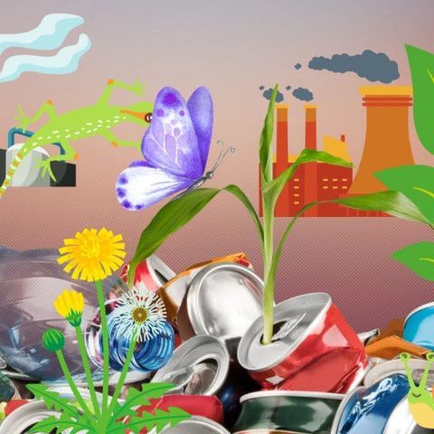 Die Umgebung ist zeichnerisch dargestellt Im Hintergrund steht ein Kraftwerk, im Vordergrund wachsen Pflanzen aus Abfällen. An einem Blatt ein Schmetterling.