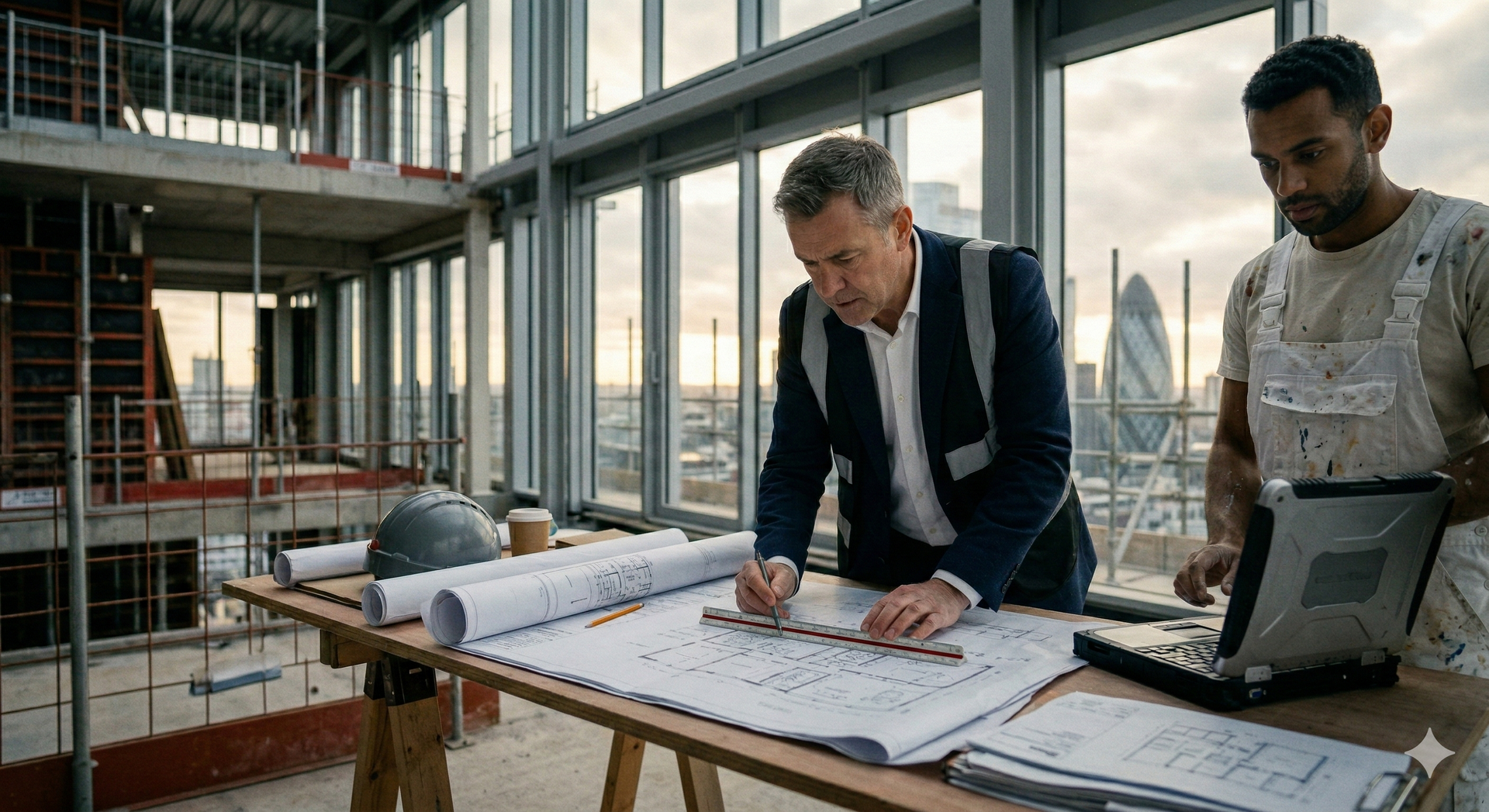 Architekt und Bauleiter prüfen gemeinsam Baupläne auf einer Penthouse-Baustelle – Prüfpflicht im Bau