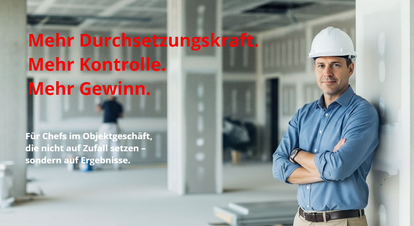 Ein Mann mit Helm steht auf der rechten Seite des Bildes vor einer Großbaustelle von innen, es werden im Hintergrund Malerarbeiten ausgeführt. Der Mann hat die Arme vor der Brust verschränkt, leicht ernster Blick, kraftvolle Körpersprache.