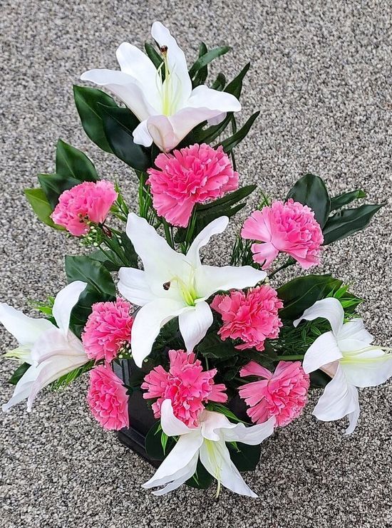 White Lilly and Pink Cartnation Arrangement for your Monumental Vase