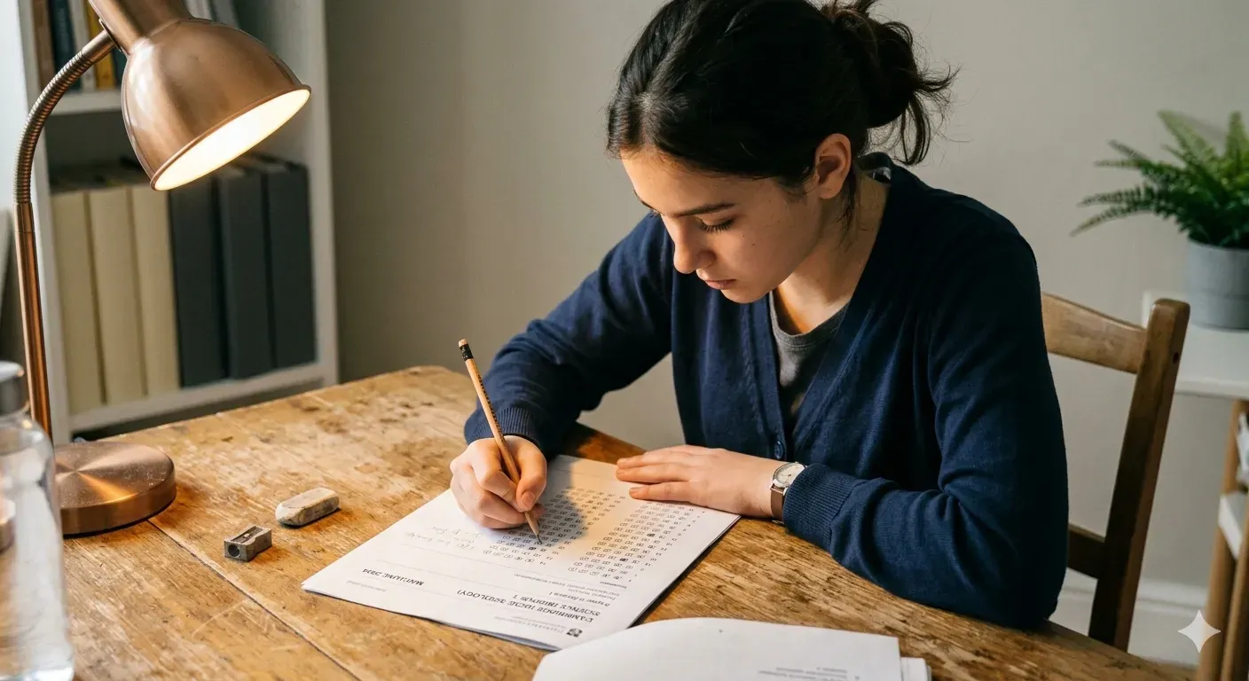 A focused student in a dark blue sweater sits at a rustic wooden desk, circling MCQs on paper