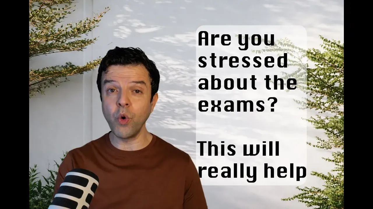 Teacher speaking into a microphone with text “Are you stressed about the exams? This will really help” about exam stress and study support