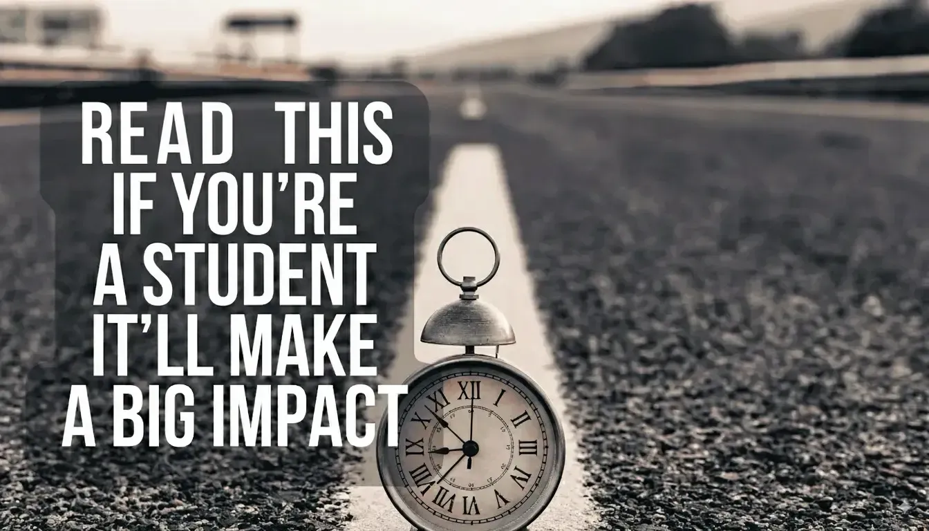 An alarm clock sits on a road, with text