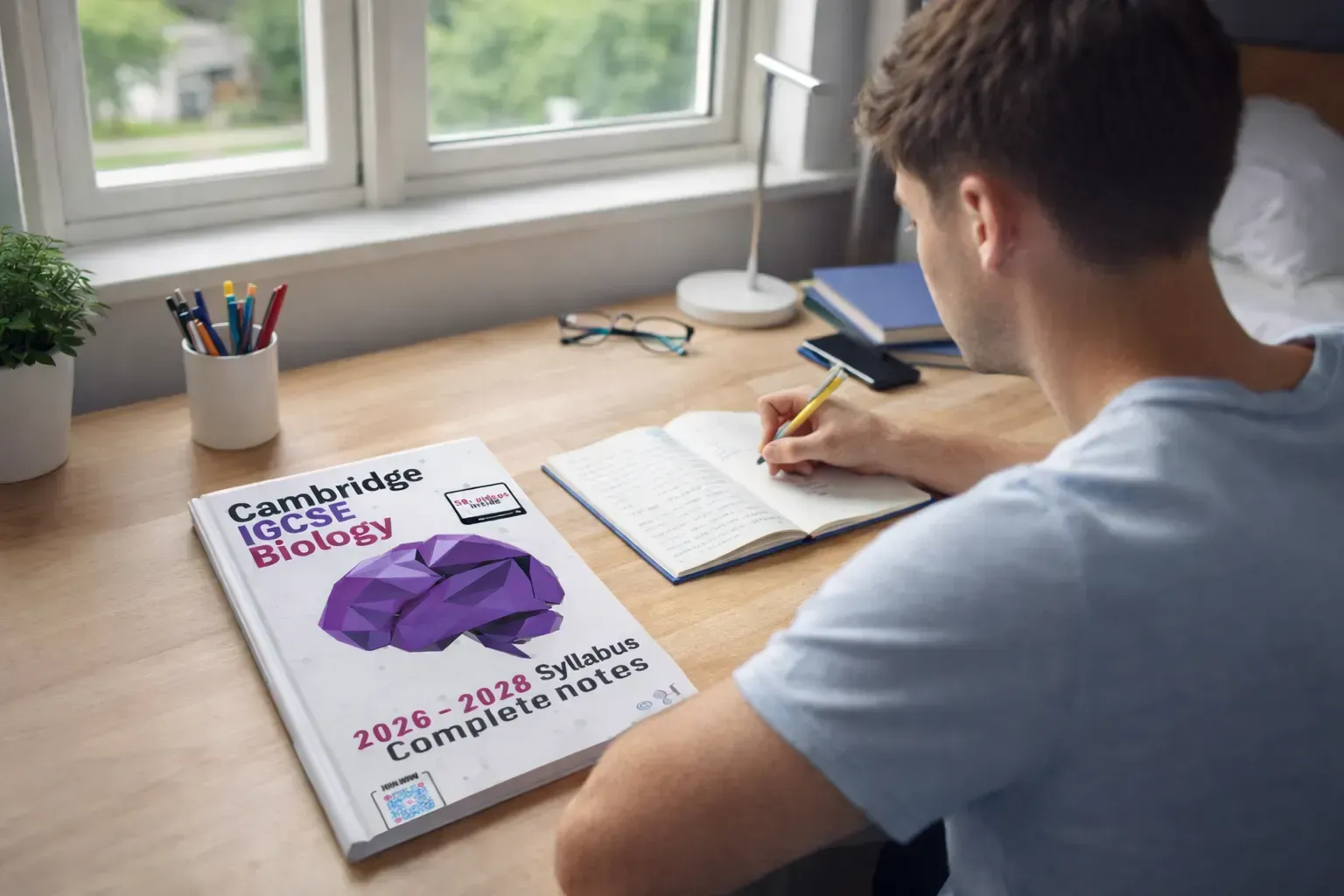 Student revising for Cambridge IGCSE Biology at a desk with a 2026–2028 syllabus notes book.
