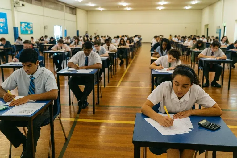 Students from diverse backgrounds sitting in rows of desks in a large school exam hall, focused on writing during a formal exam.