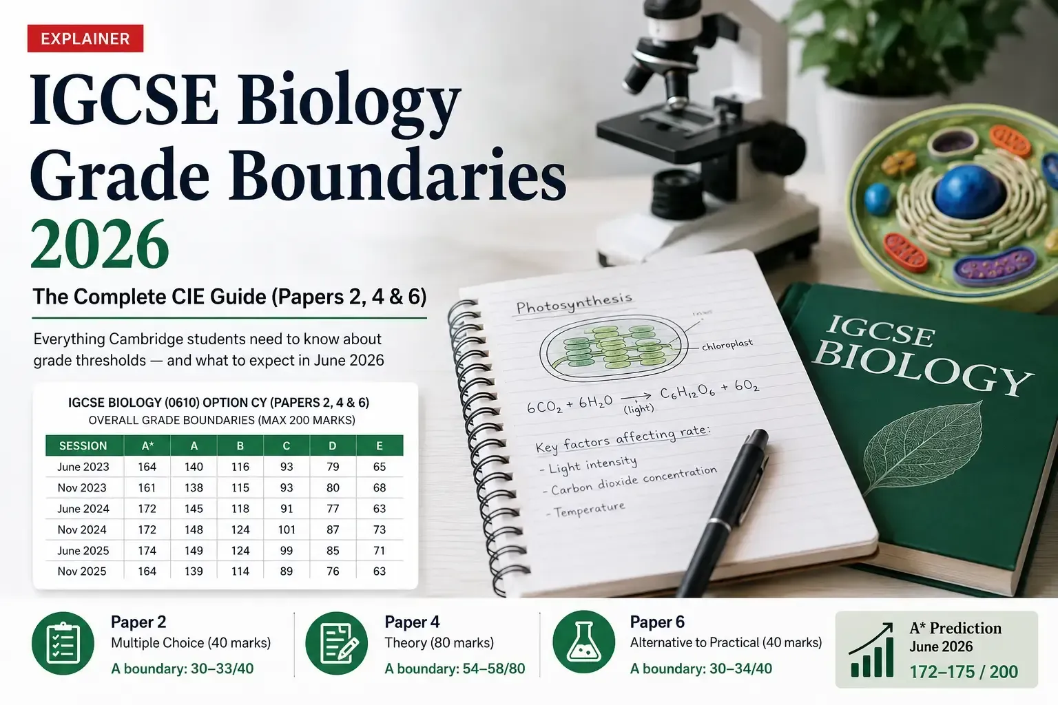 Editorial-style infographic showing IGCSE Biology 2026 grade boundaries, exam paper predictions