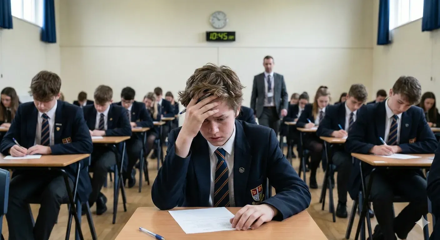 Student stressed during school exam in classroom, representing IAL Biology exam failure