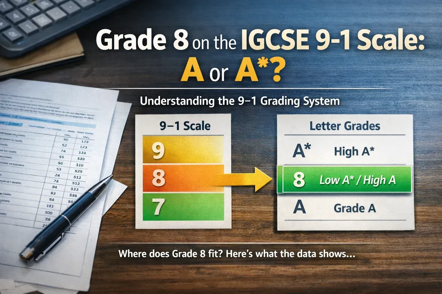 IGCSE 9–1 grading scale explained with a visual comparison showing Grade 8 positioned between A* and A. Data-style infographic illustrating that Grade 9 is above A*, Grade 8 is a low A* or high A, and Grade 7 aligns with an A, presented in a clean BBC-style educational layout with exam papers and calculator in the background