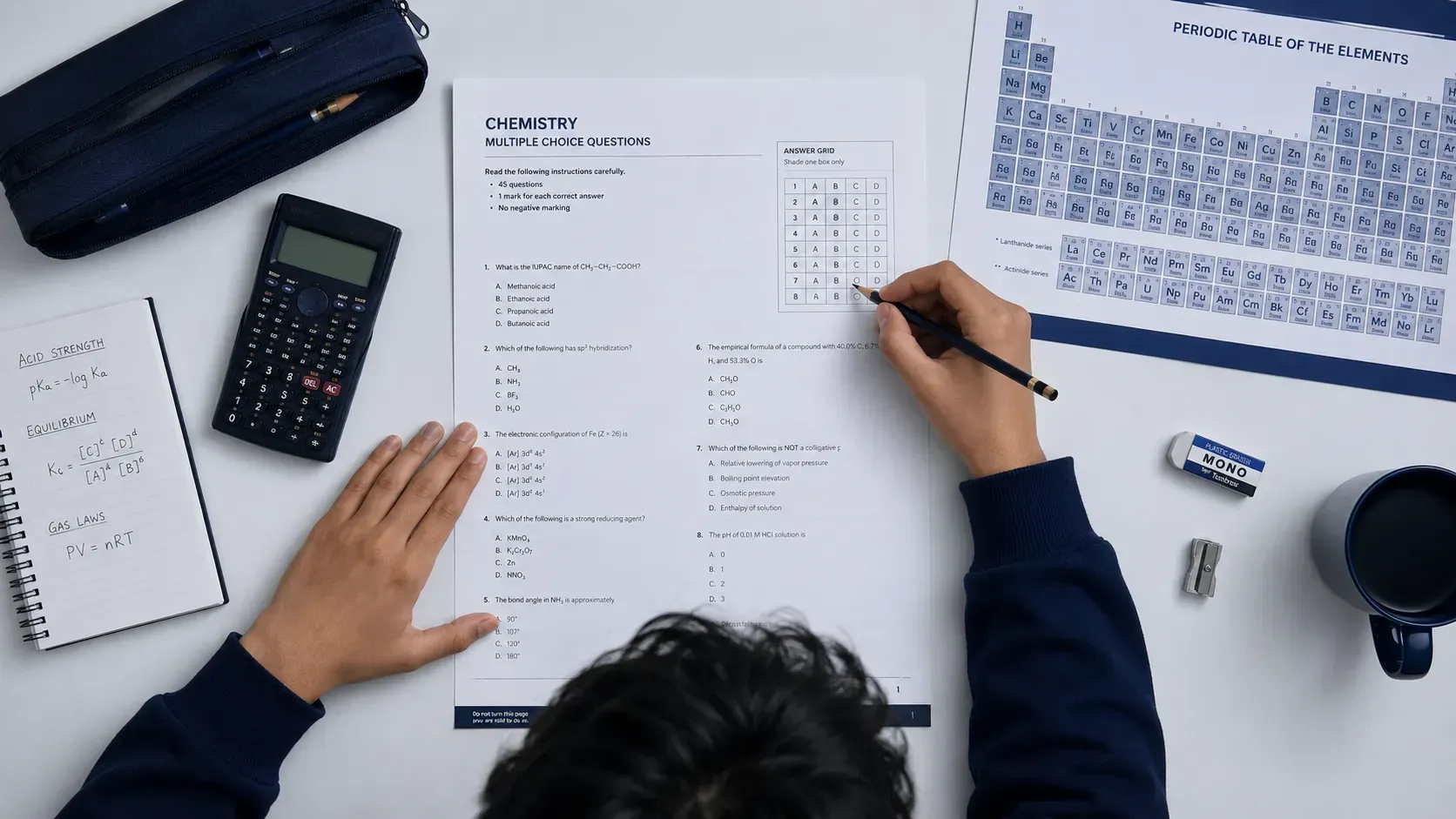 Teenage student solving a chemistry multiple-choice exam at a clean desk with periodic table