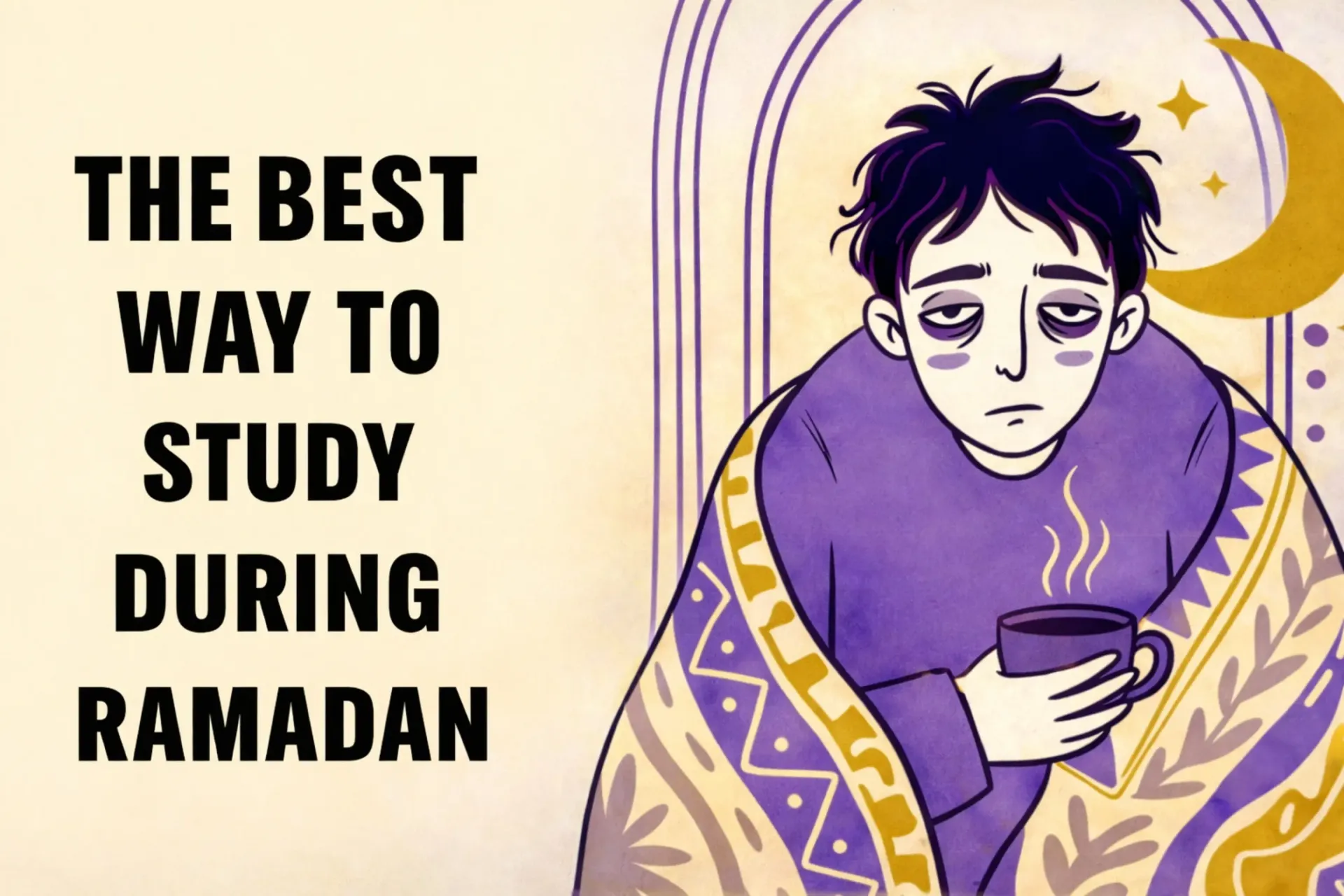 Illustration of a tired student studying at night during Ramadan with crescent moon