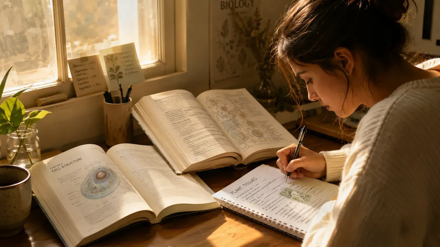 Student studying Biology notes at a desk with two open textbooks of different difficulty levels