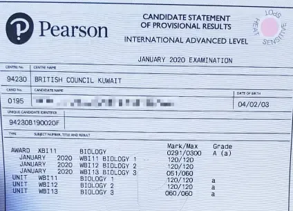 Pearson provisional results show excellent International A-Level Biology grades from Jan 2020 exams at British Council Kuwait