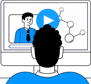A person watches an online science lesson with a teacher and molecule diagram on a computer screen.