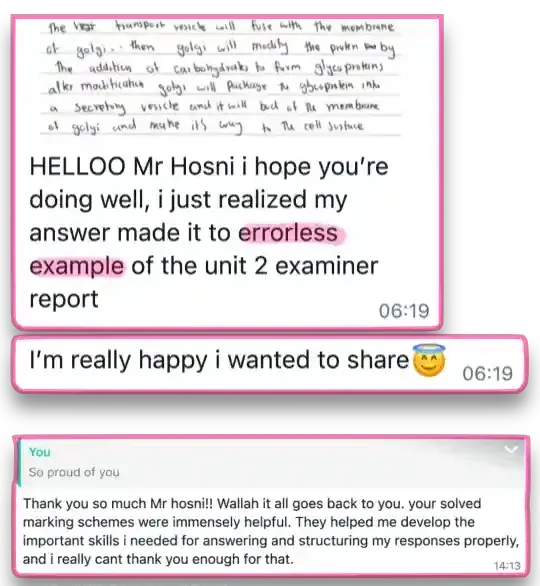 Student thanks Mr Hosni for solved marking schemes that led to an errorless example answer in their examiner report.