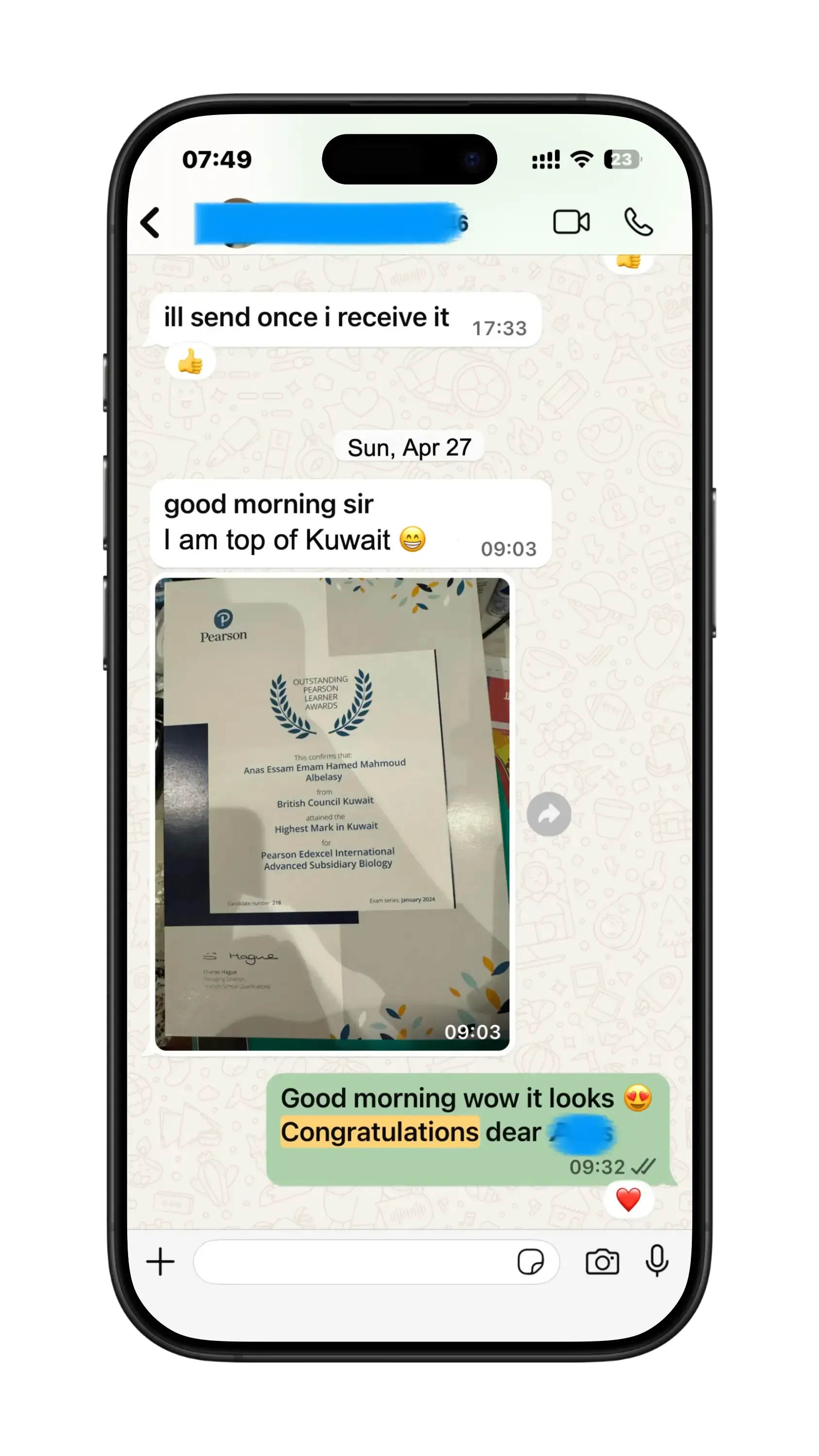 WhatsApp message from a student sharing their exam results with Mr. Hosni