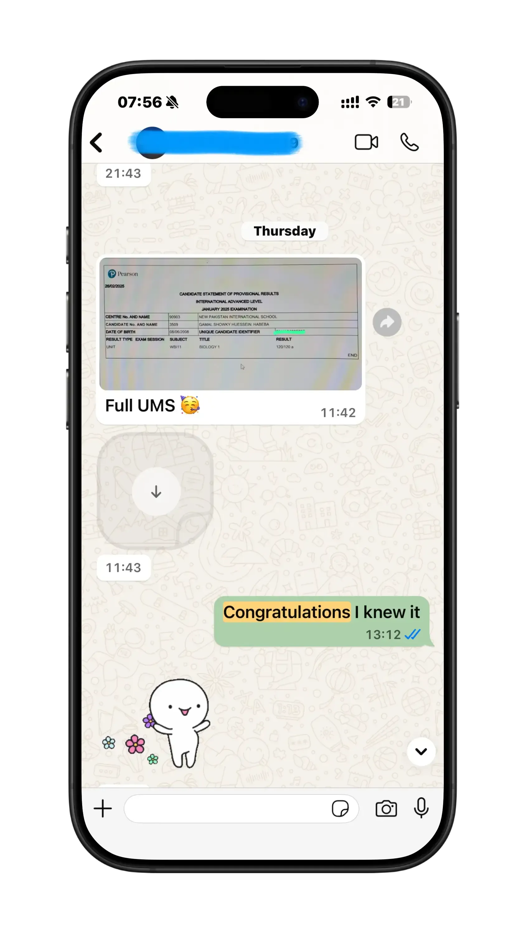 Student WhatsApp message thanking Mr. Hosni after results day