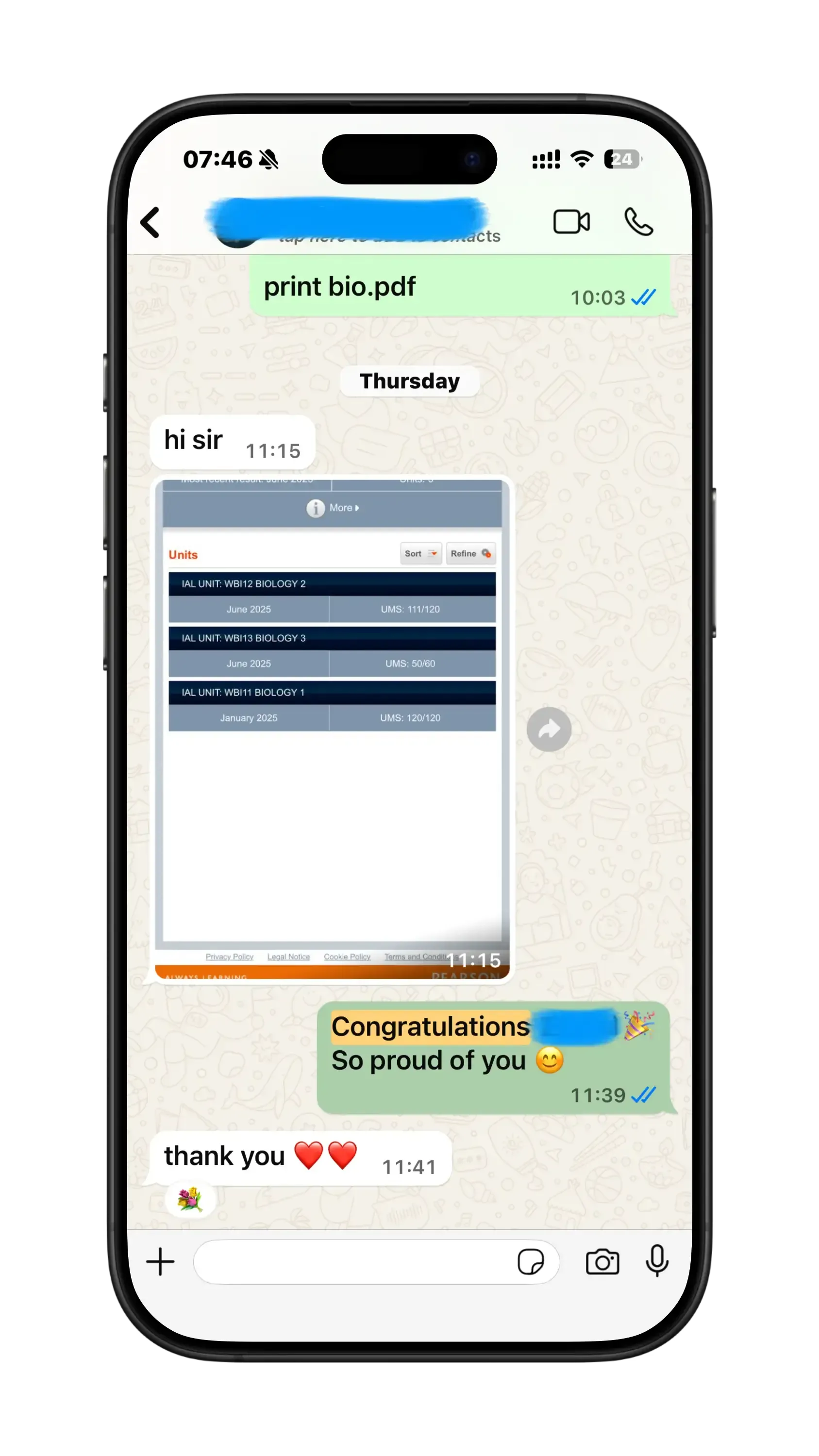 WhatsApp screenshot of a student reporting their grade