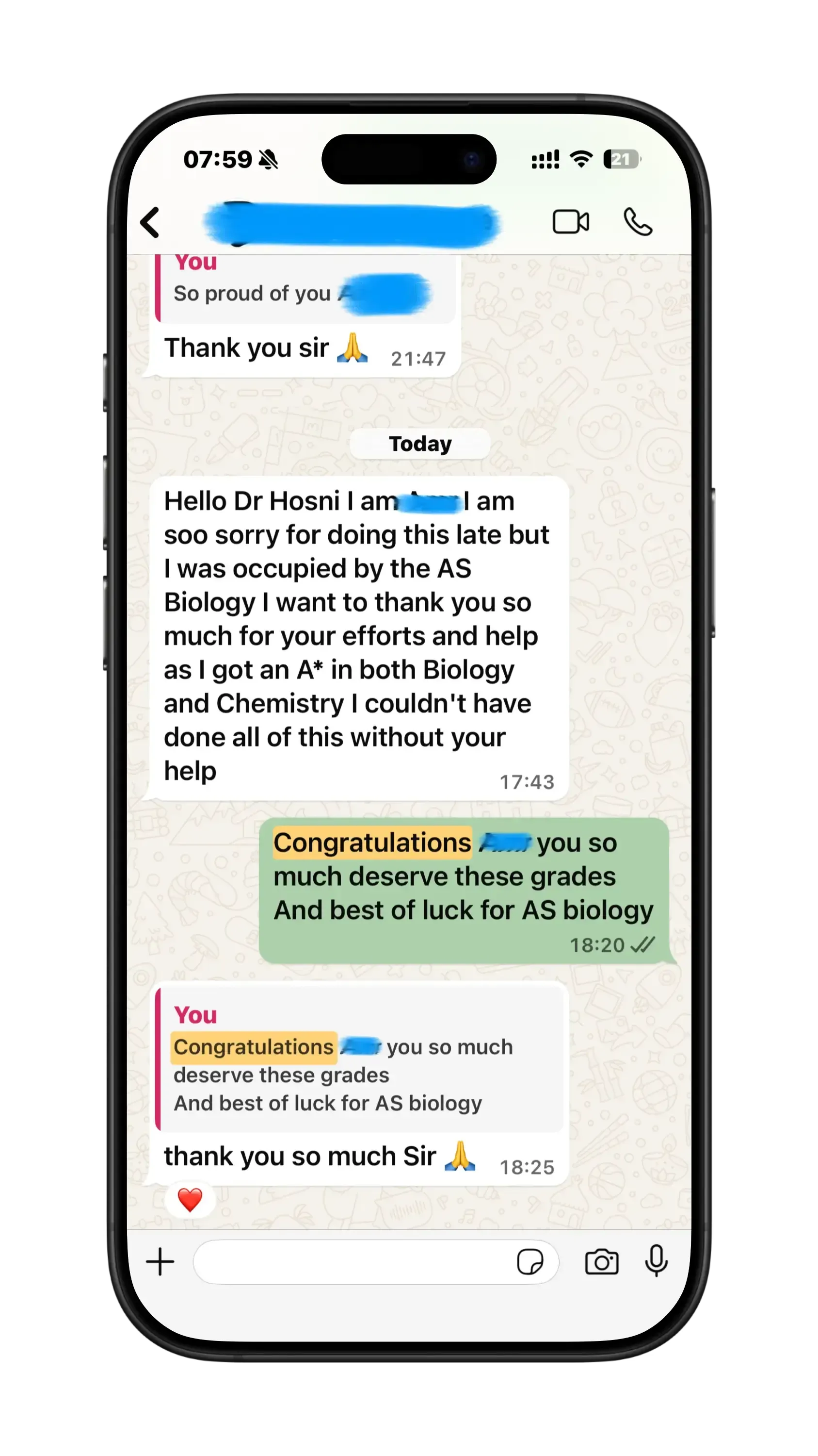 Results-day WhatsApp message sent to Mr. Hosni