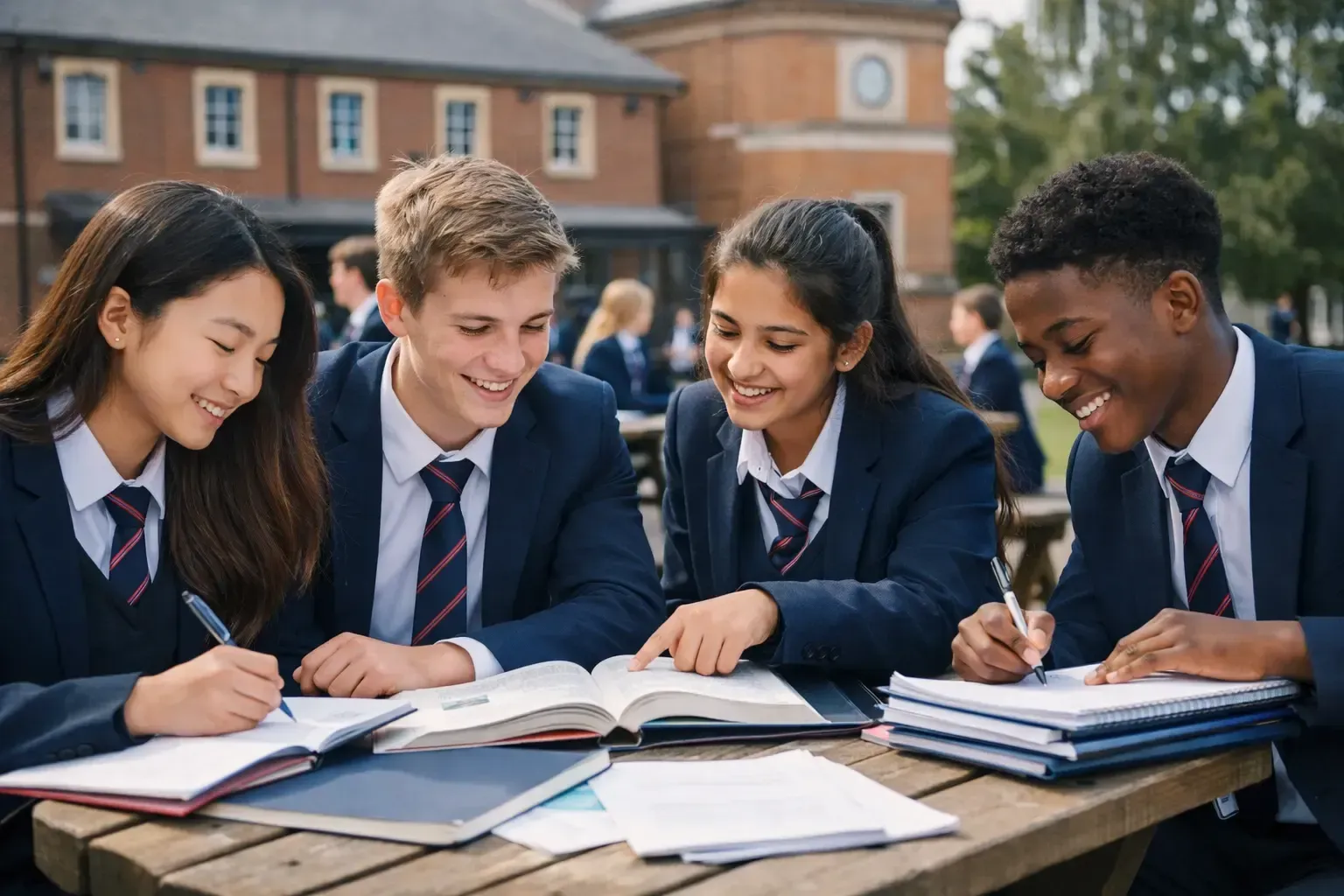 IGCSE students in British school uniforms studying together outdoors in a school playground, working collaboratively with textbooks and notebooks during a revision session for the 2026 IGCSE exams.
