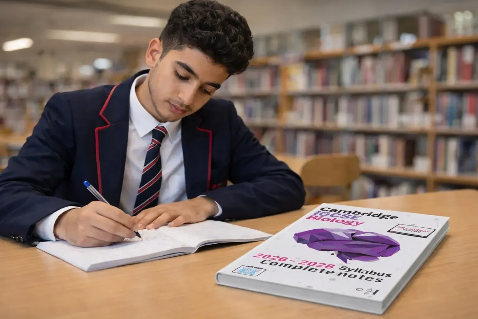 Middle Eastern IGCSE student in British school uniform studying in a school library, writing notes with Cambridge IGCSE Biology 2026–2028 complete syllabus book placed flat on the desk, focused exam preparation scene in landscape orientation.