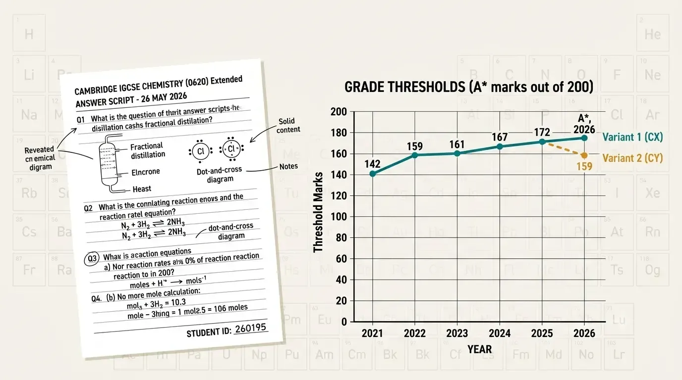 IGCSE Chemistry 0620 grade boundary forecast graph, Variant 1 versus Variant 2.
