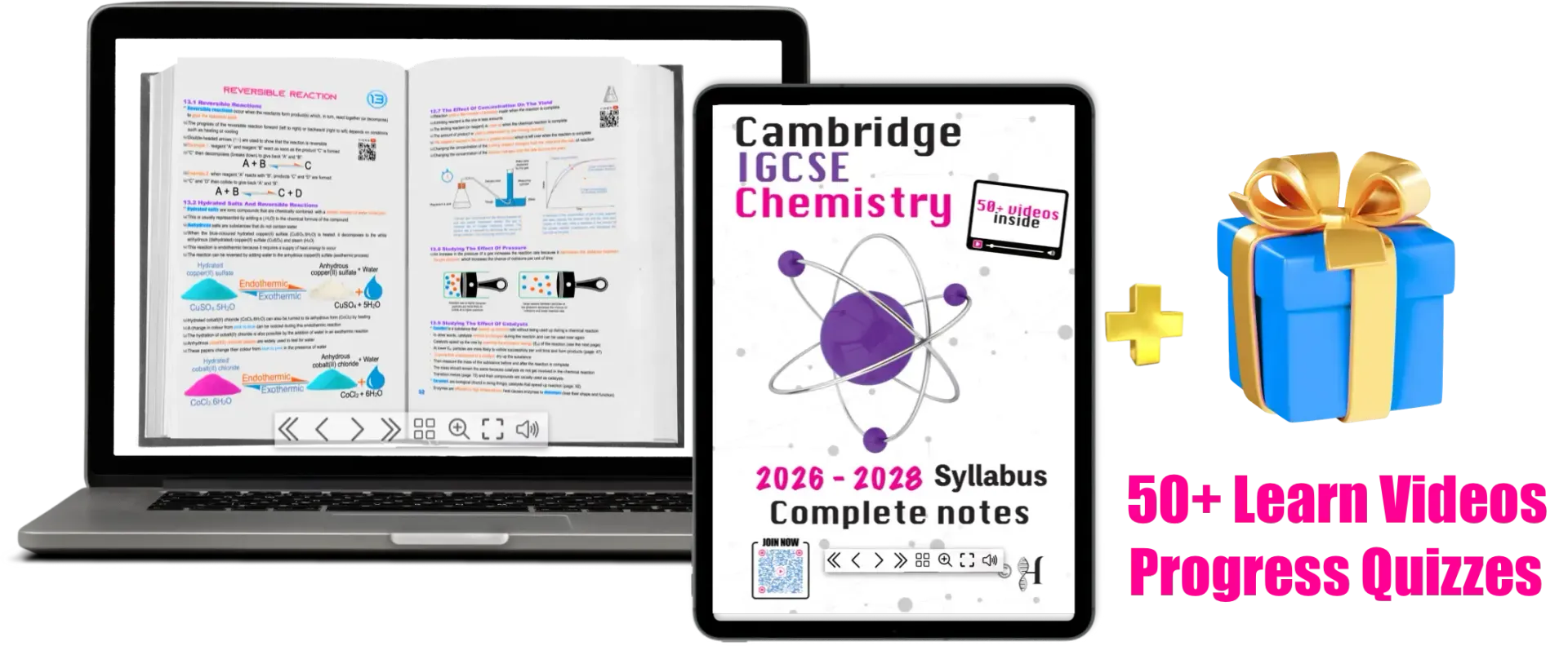 A laptop and tablet show IGCSE Chemistry notes, with a blue gift box, plus sign, videos, & progress quizzes
