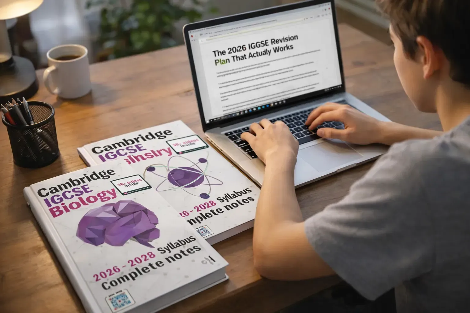 Student studying for IGCSE exams at a desk using a laptop with Cambridge IGCSE Biology and Chemistry