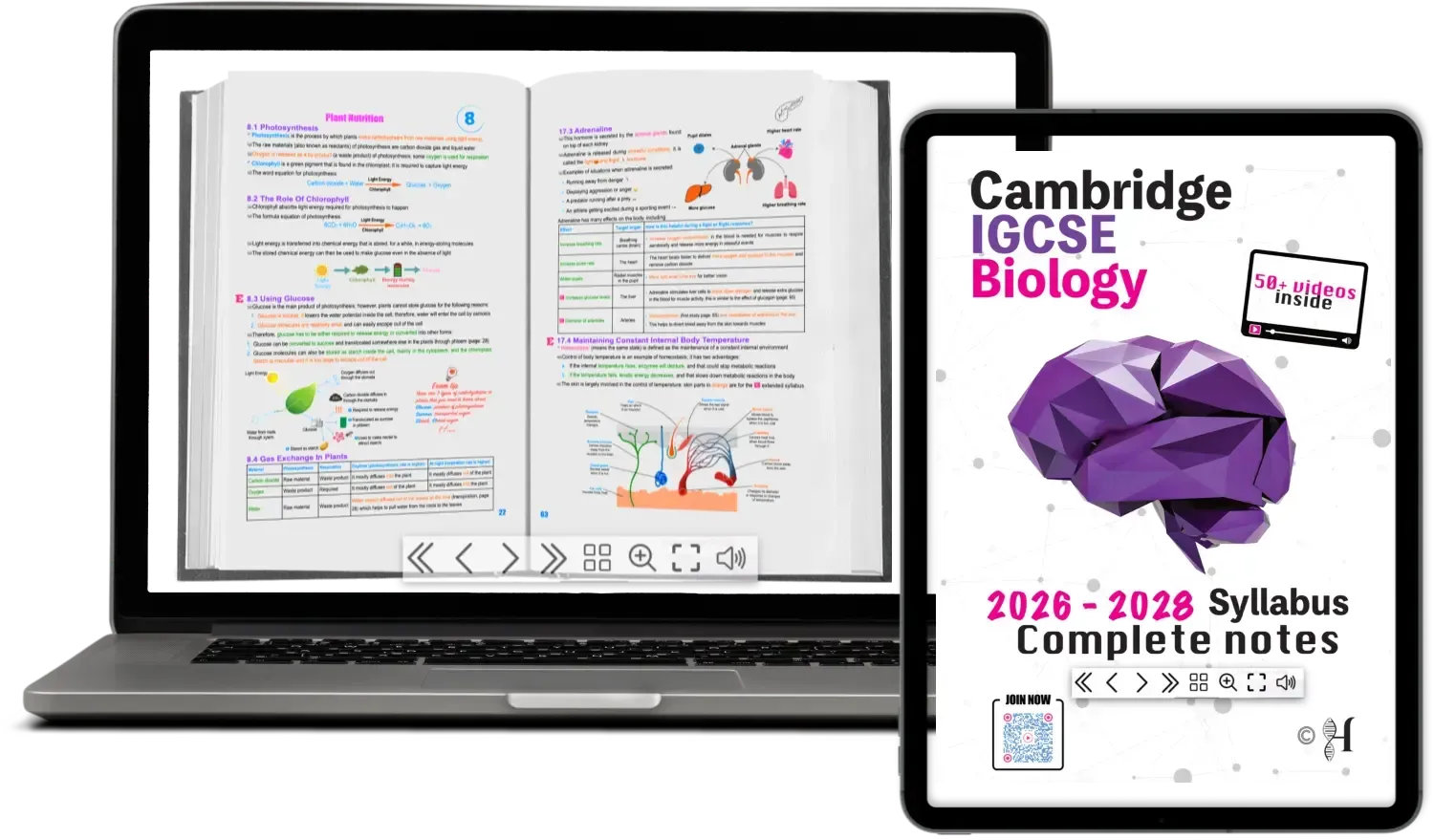 A laptop displays a Biology textbook on Homeostasis, while a tablet shows the cover of an IGCSE Biology textbook.