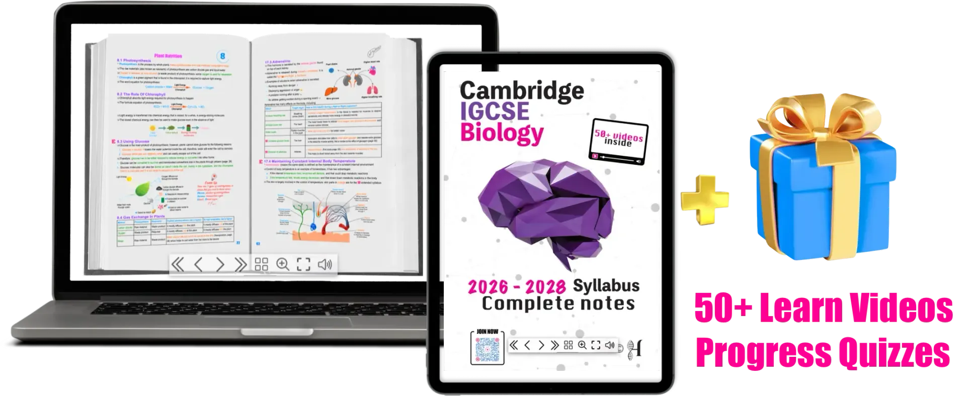 A laptop and tablet show IGCSE Biology notes, with a blue gift box, plus sign, videos, & progress quizzes