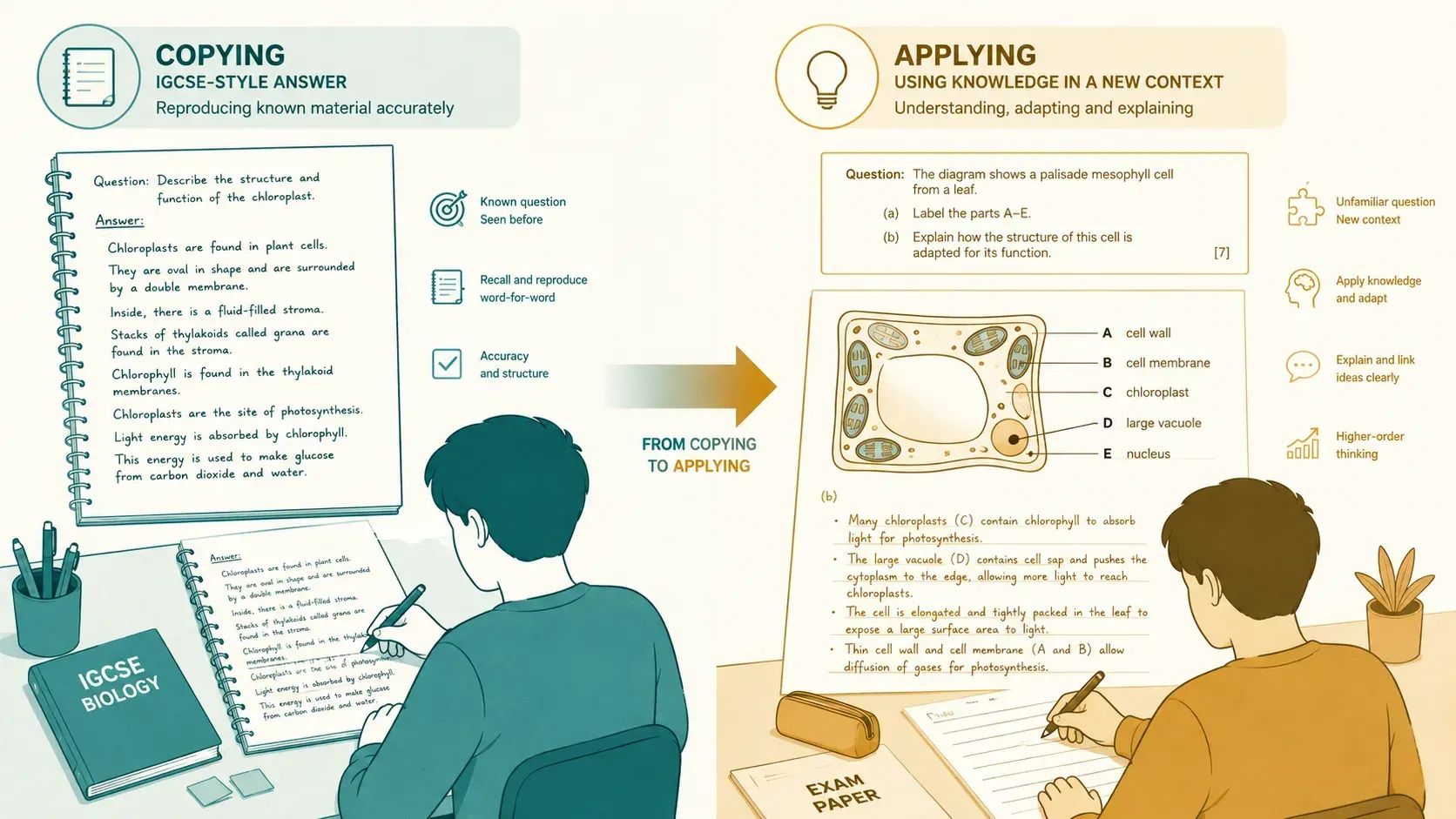 IGCSE recall versus A-Level Biology application, side by side.