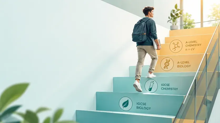 Student climbing from IGCSE to A-Level Biology and Chemistry.