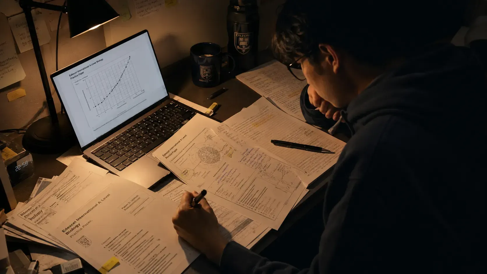 A focused international student studies Edexcel International A Level (IAL) Biology at a desk covered with past examination papers, annotated revision notes, worksheets, and a laptop displaying a biological data graph. The scene is photographed from an overhead angle, showing the student carefully reviewing exam material while making notes by hand. A warm desk lamp illuminates the workspace, creating a contrast between the amber light and the dark navy background. Biology revision resources, handwritten annotations, and exam-style documents are spread across the desk, highlighting intensive preparation for A-level Biology assessments. The atmosphere conveys concentration, independent learning, exam revision, data analysis, and academic discipline associated with Edexcel IAL Biology study.
