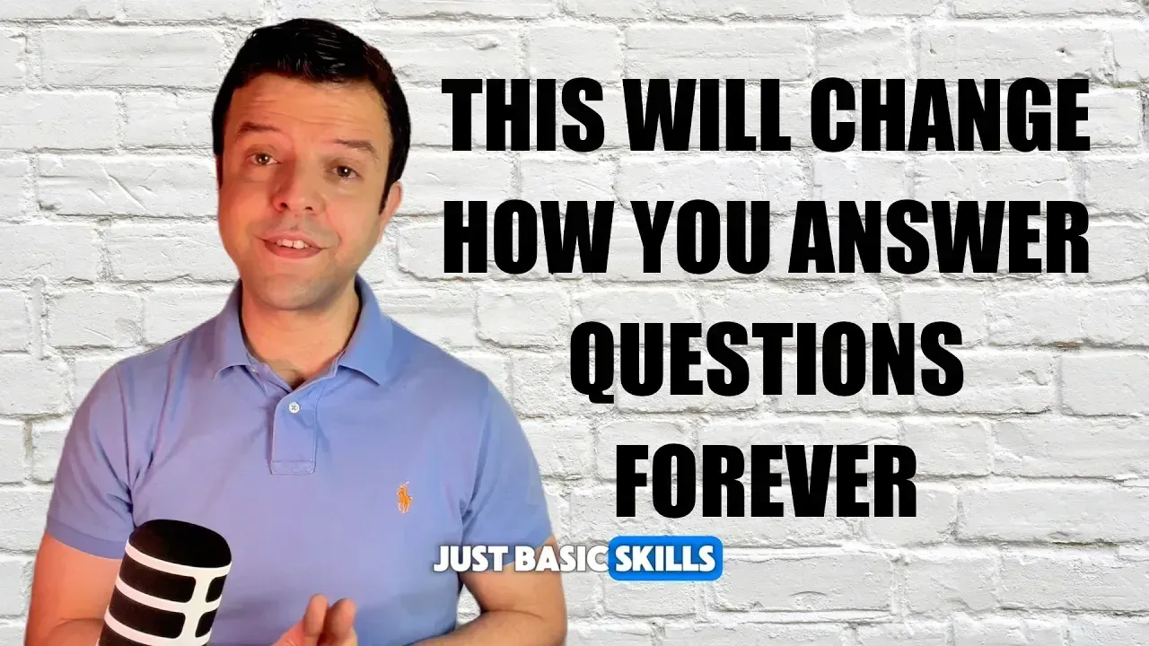 Man in blue polo before white brick wall with text: “This will change how you answer questions