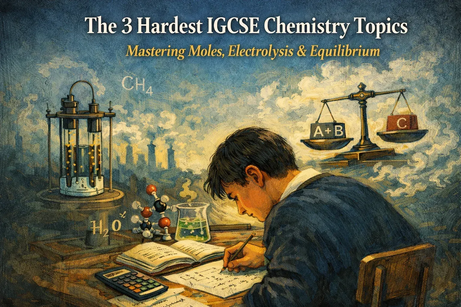 Landscape magazine-style illustration showing an IGCSE Chemistry student studying moles, electrolysis, and chemical equilibrium for 2026 exams, with symbolic visuals of calculations, electrolysis apparatus, and equilibrium balance representing the hardest Cambridge IGCSE Chemistry 0620 topics.