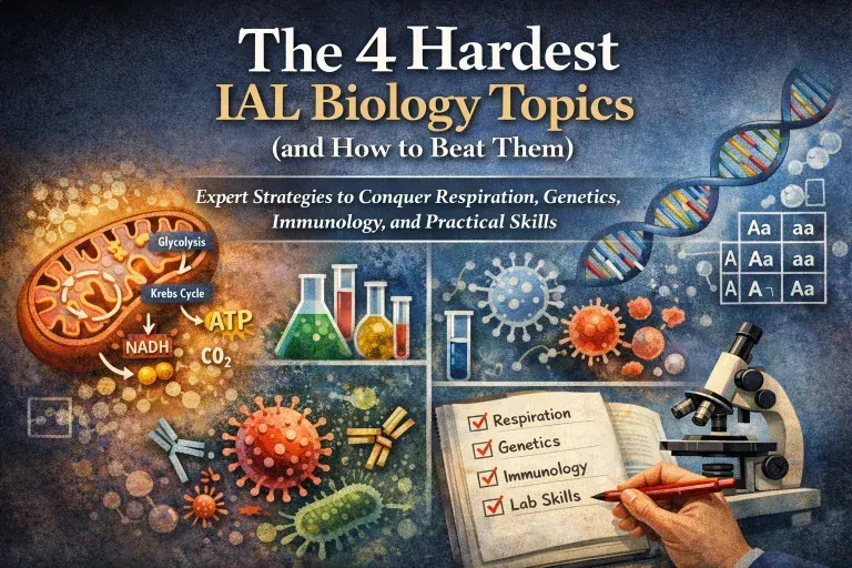 editorial illustration for an IAL Biology exam guide showing the four hardest Pearson Edexcel