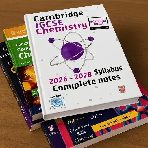 Stack of Cambridge IGCSE Chemistry textbooks with Chem-Bio.info Complete Notes on top, aligned to the 2026–2028 syllabus, featuring exam-focused content, mark-scheme wording, revision summaries, and interactive resources for IGCSE Chemistry 2026 exam preparation.