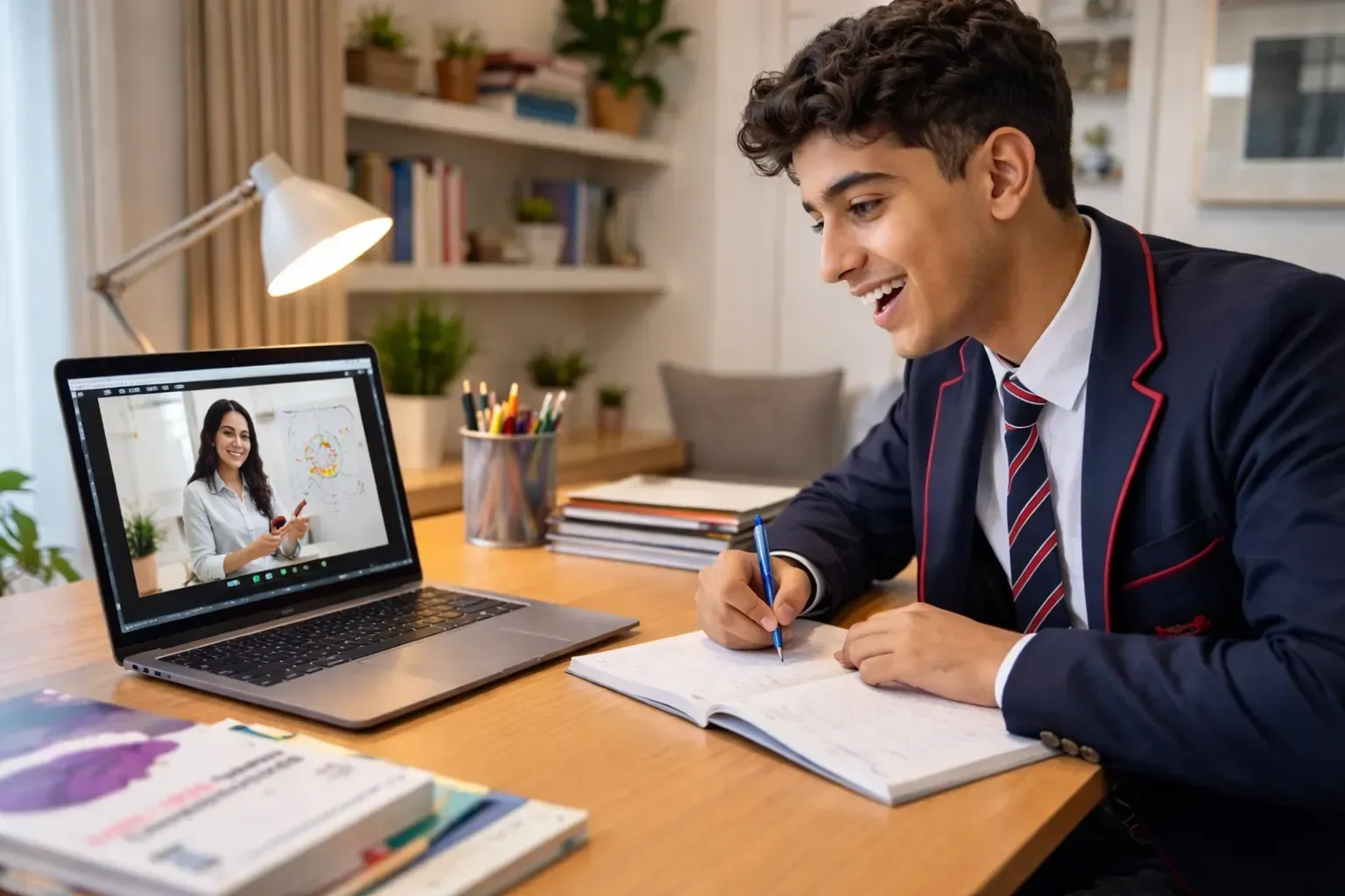 IGCSE student attending a live Zoom revision class on a MacBook while writing notes at a study desk.