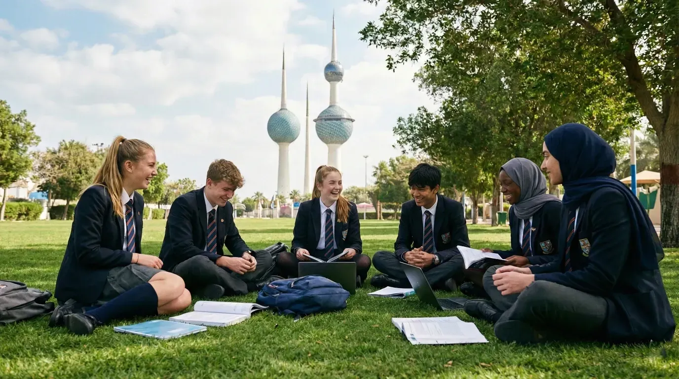 IGCSE students in school uniforms studying together outdoors in Kuwait with Kuwait Towers in behind