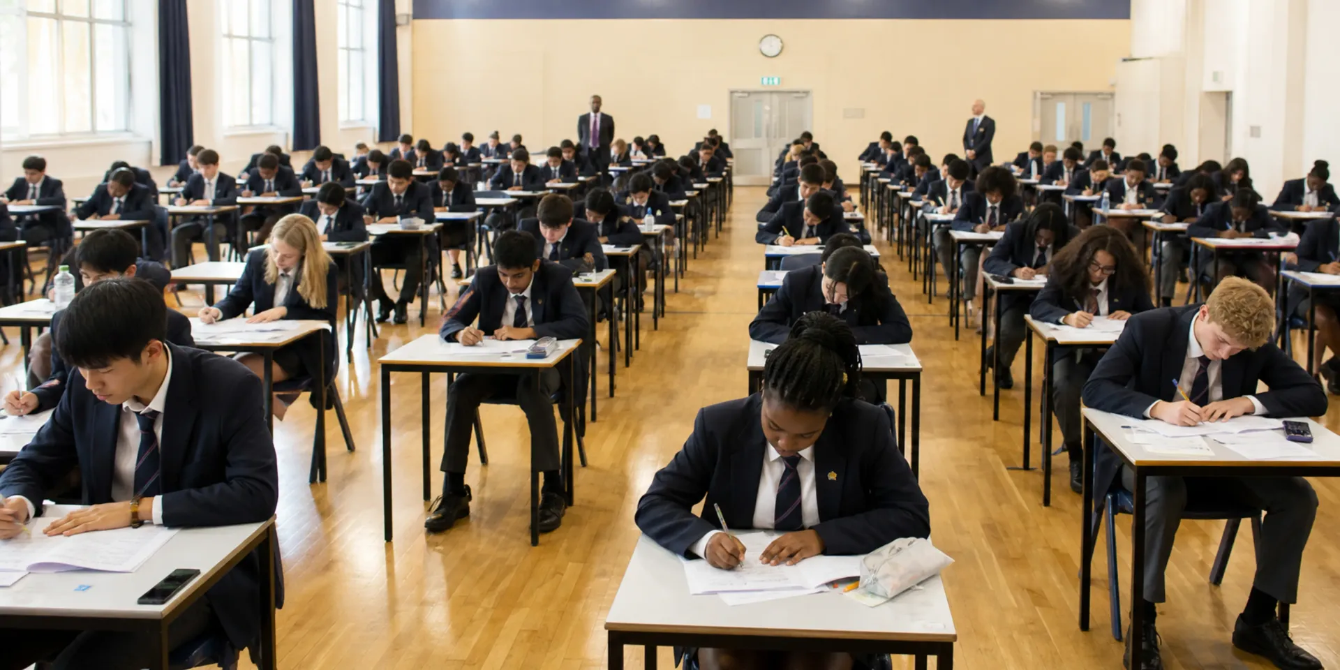 Students sitting IGCSE exam in a school hall with invigilators.