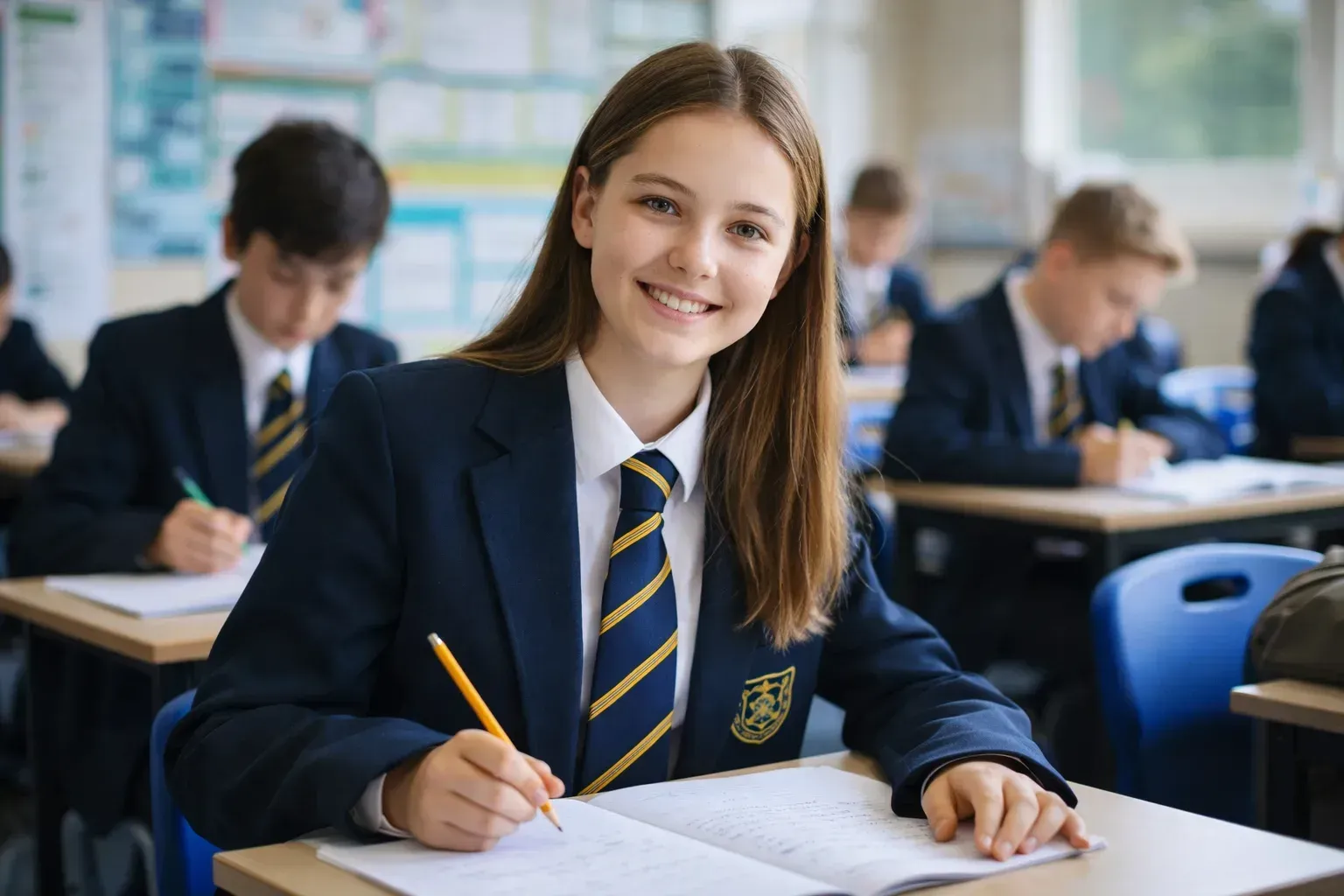 British GCSE student wearing a traditional school uniform (navy blazer, white shirt and striped tie)