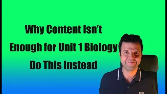 “Why Content Isn’t Enough for IAL Unit 1 Biology – Effective Revision Strategies” thumbnail featuring a smiling biology teacher in front of a green-to-blue gradient background, emphasising exam techniques, study skills, and how to improve performance in Edexcel IAL Biology Unit 1 for 2026 exams.