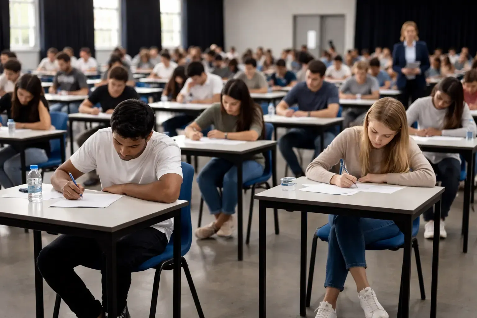 Students sitting a formal exam in a large exam hall under strict exam conditions, writing answers at spaced desks with an invigilator supervising in the background, representing IAL and A-level examination environment for January 2026.