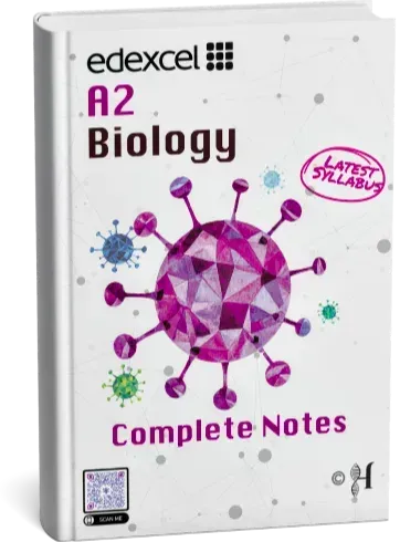 An Edexcel A2 Biology textbook features a stylized purple geometric virus-like structure on its white cover, with