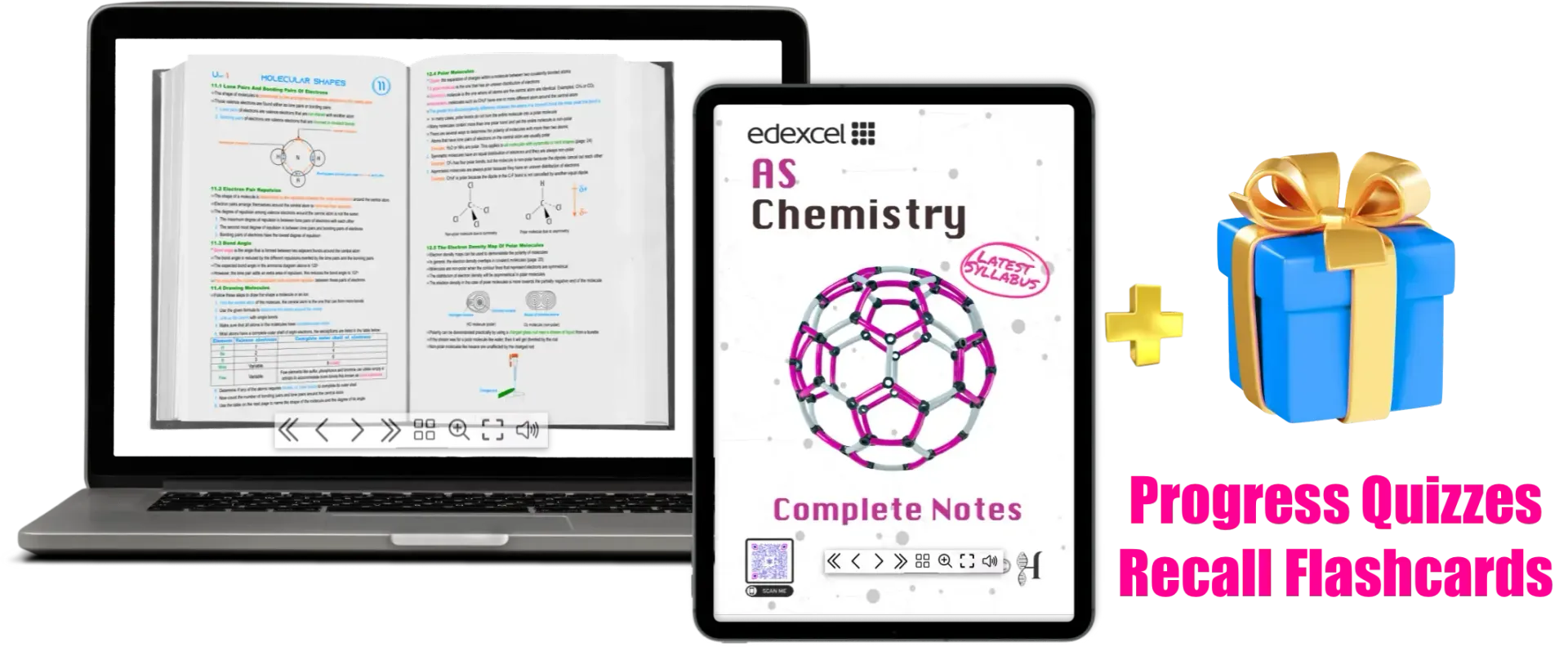 A laptop and tablet show AS Chemistry notes, with a blue gift box, plus sign, quizzes, and flashcards text.