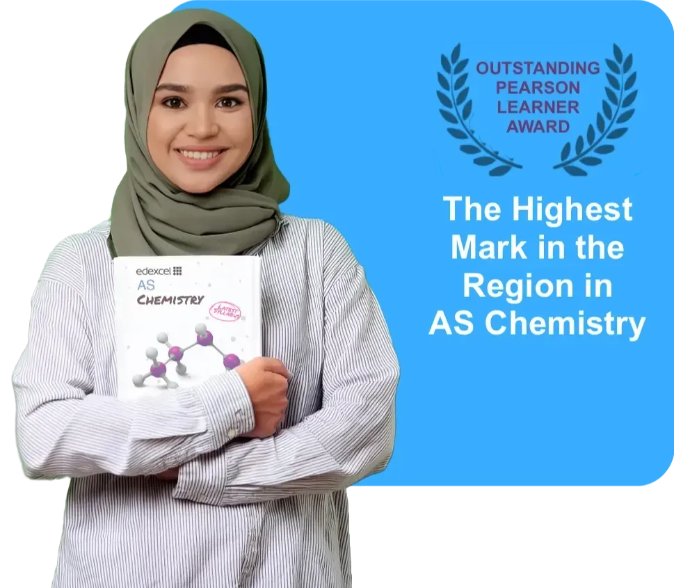 A smiling student in a hijab holds an AS Chemistry textbook beside a blue panel for