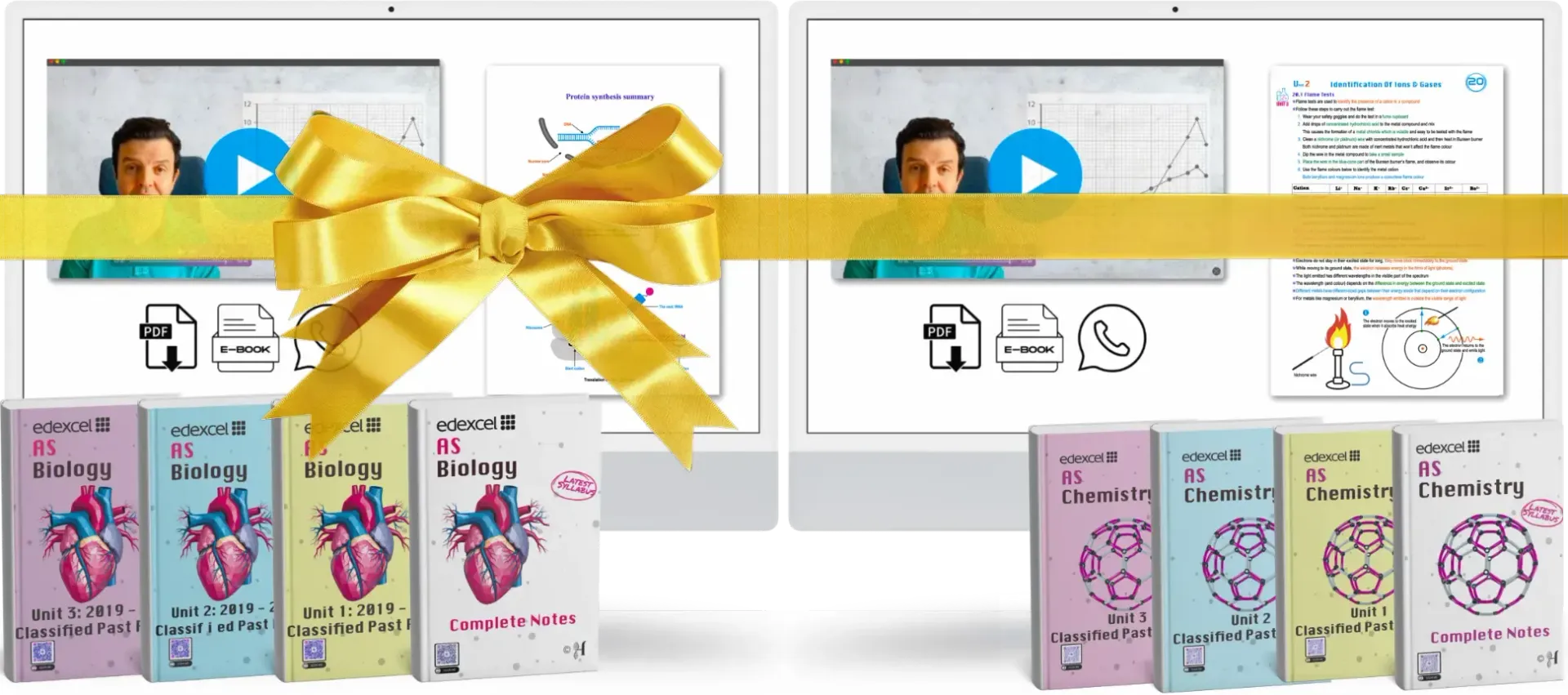 Monitors display online lessons and textbooks for AS Biology and Chemistry, tied with a golden gift ribbon.