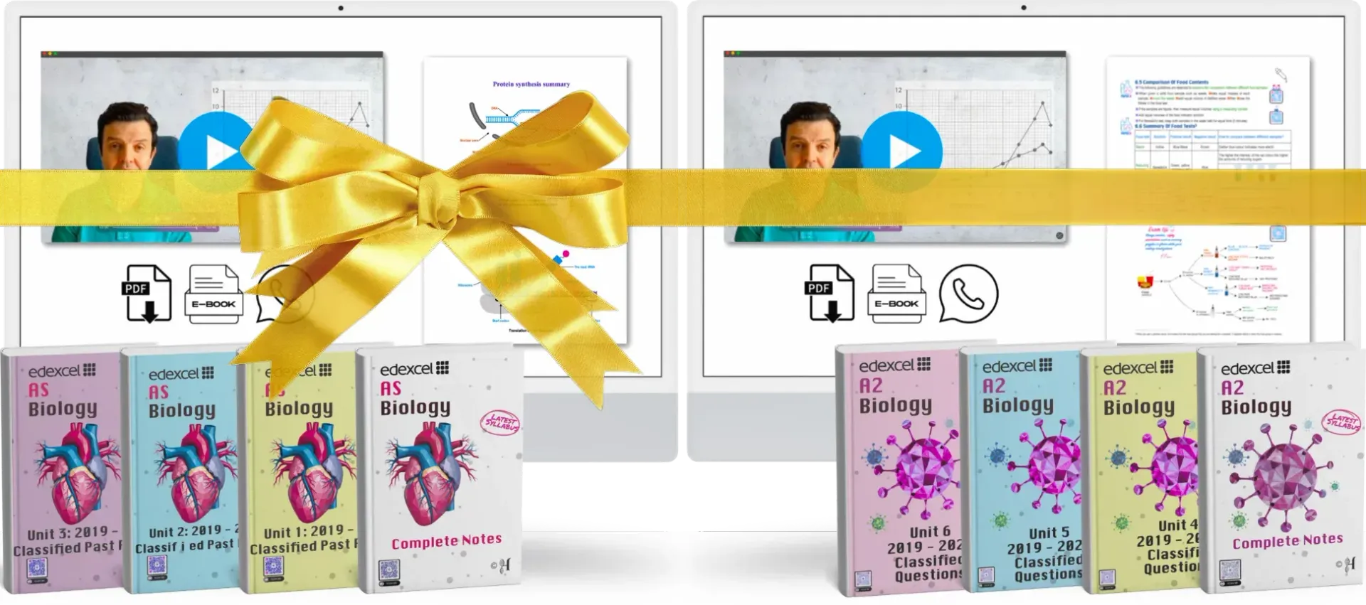 Monitors display online lessons and textbooks for AS Biology and a2 biology, tied with a golden gift ribbon.