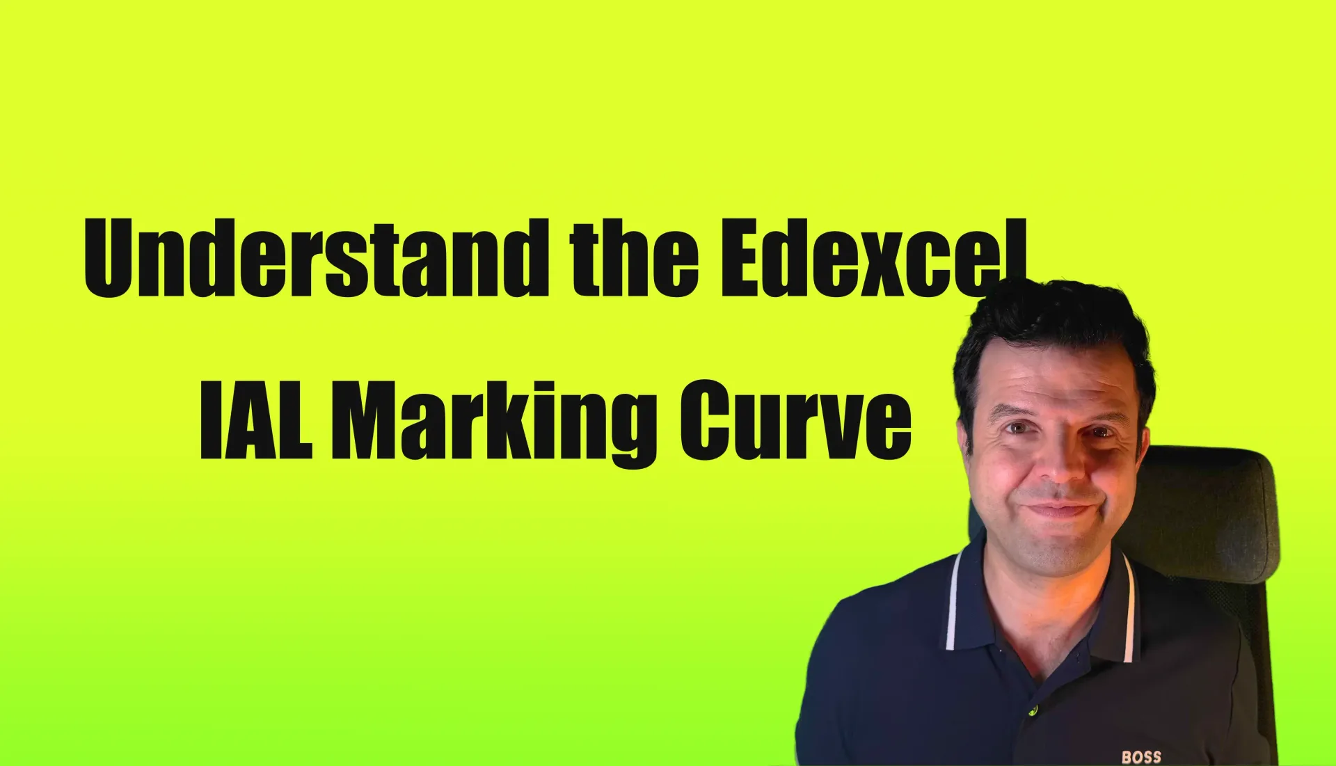 A man smiles on a neon green background, with text